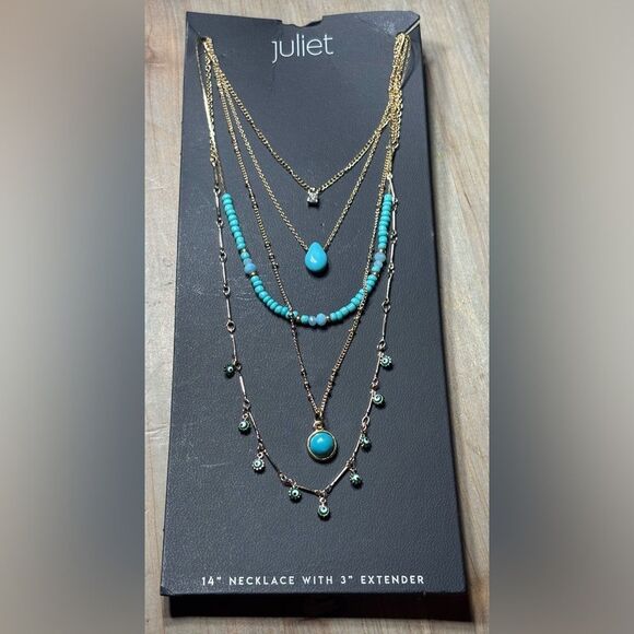 New! 14” Juliet Turquoise & Gold Tone 5-Strand Adjustable Necklace 3” Extension - Picture 1 of 4